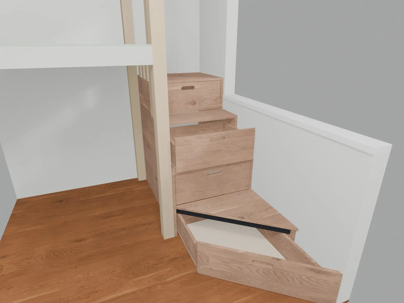 3D model schodů se šuplíky k patrové posteli, šuplík vysunutý