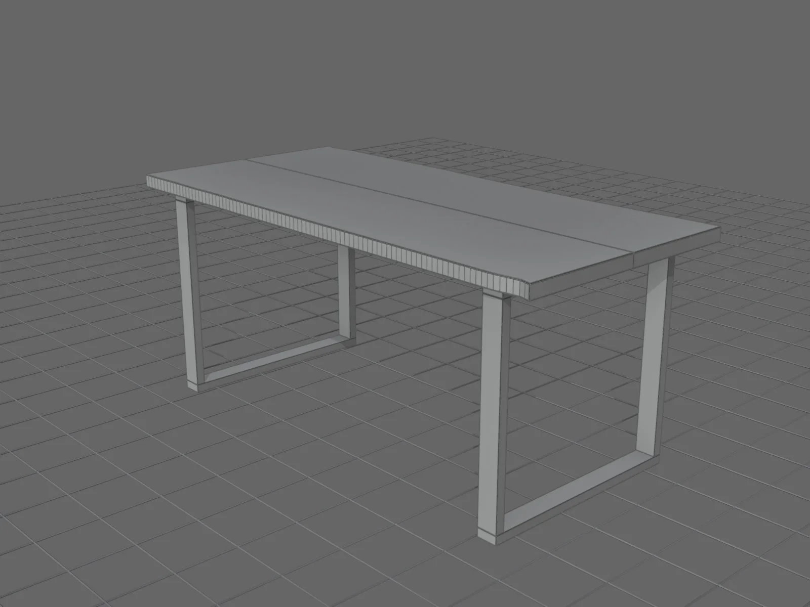 Šedý 3D model jídelního stolu v Blenderu s mřížkou, před nanesením materiálů