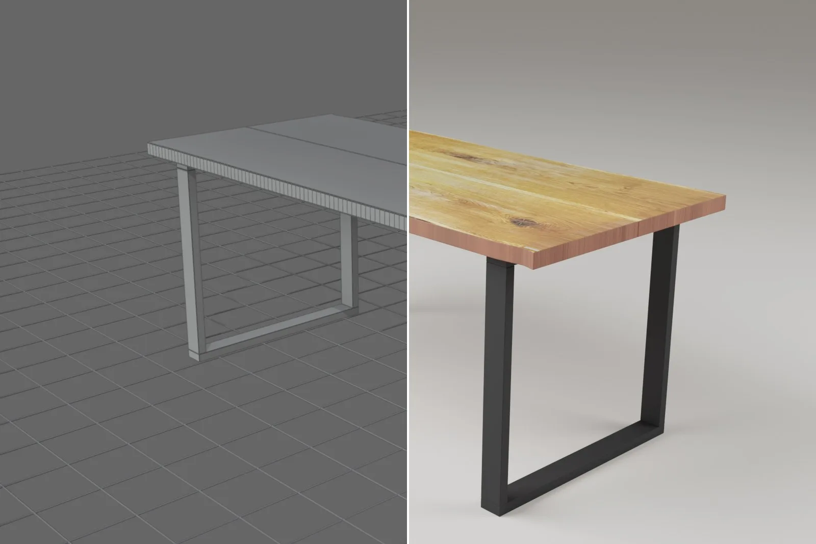 Návrh stolu na míru: vlevo šedý 3D model v Blenderu, vpravo render dubové desky s černou podnoží