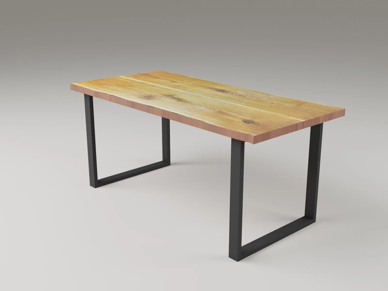 Render stolu z dubového masivu s černou ocelovou podnoží podle 3D modelu