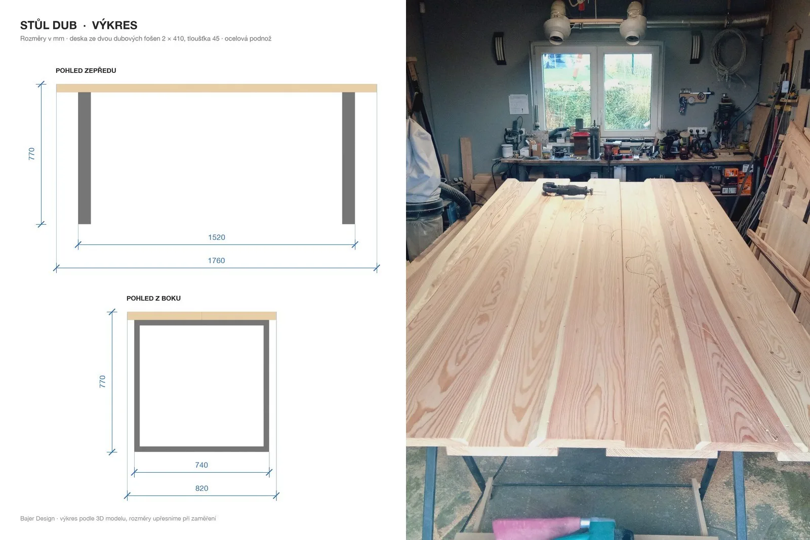 Vlevo výkres stolu z dubu s kótami, vpravo fošny na ponku v dílně Bajer Design v Knovízi